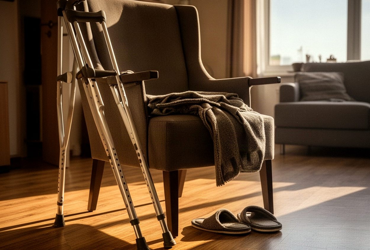 Kule łokciowe oparte o wysokie krzesło z podłokietnikami w słonecznym mieszkaniu