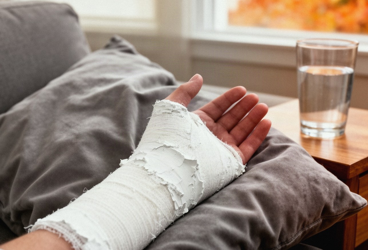 Przedramię w gipsie ułożone na poduszce w czasie zrostu kości po złamaniu